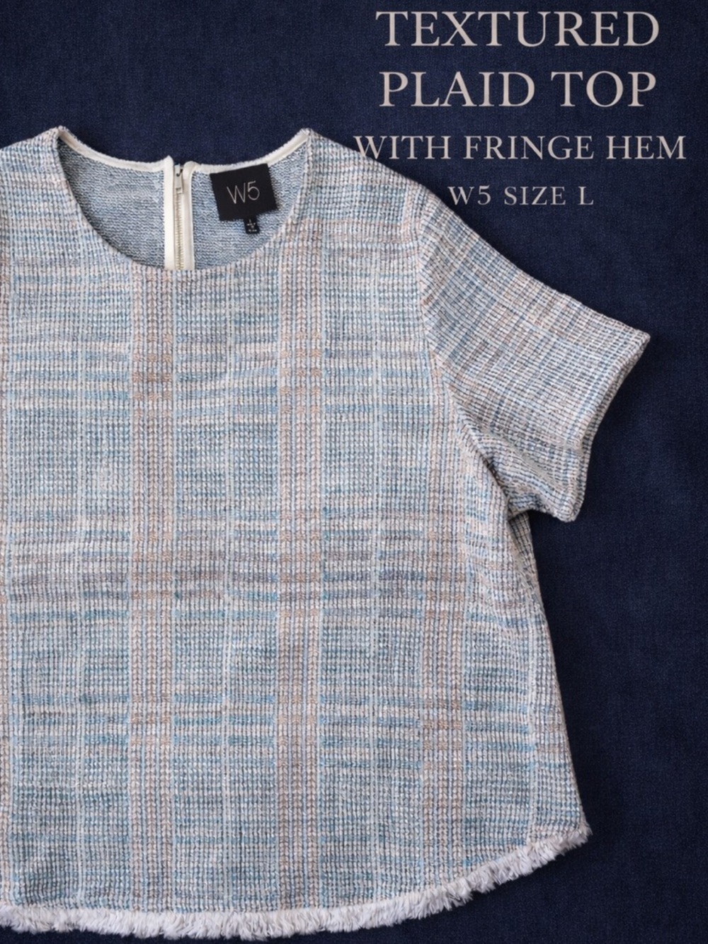W5 Textured Knit Top Plaid Short Sleeve Fringe Hem Size L